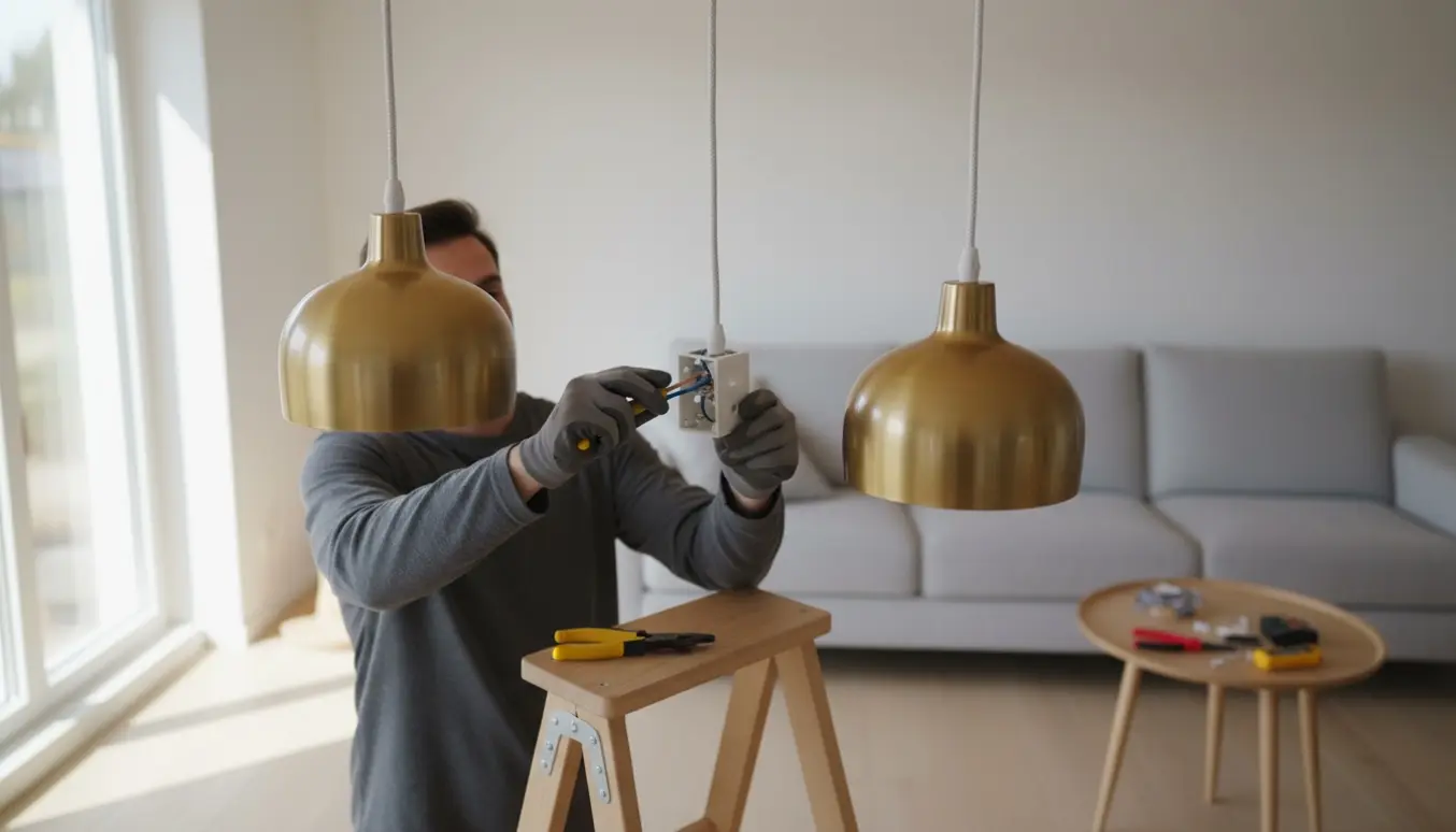To loftslamper monteres fra ét loftsudtag, en hånd på en stige forbinder ledninger med værktøj i nærheden.