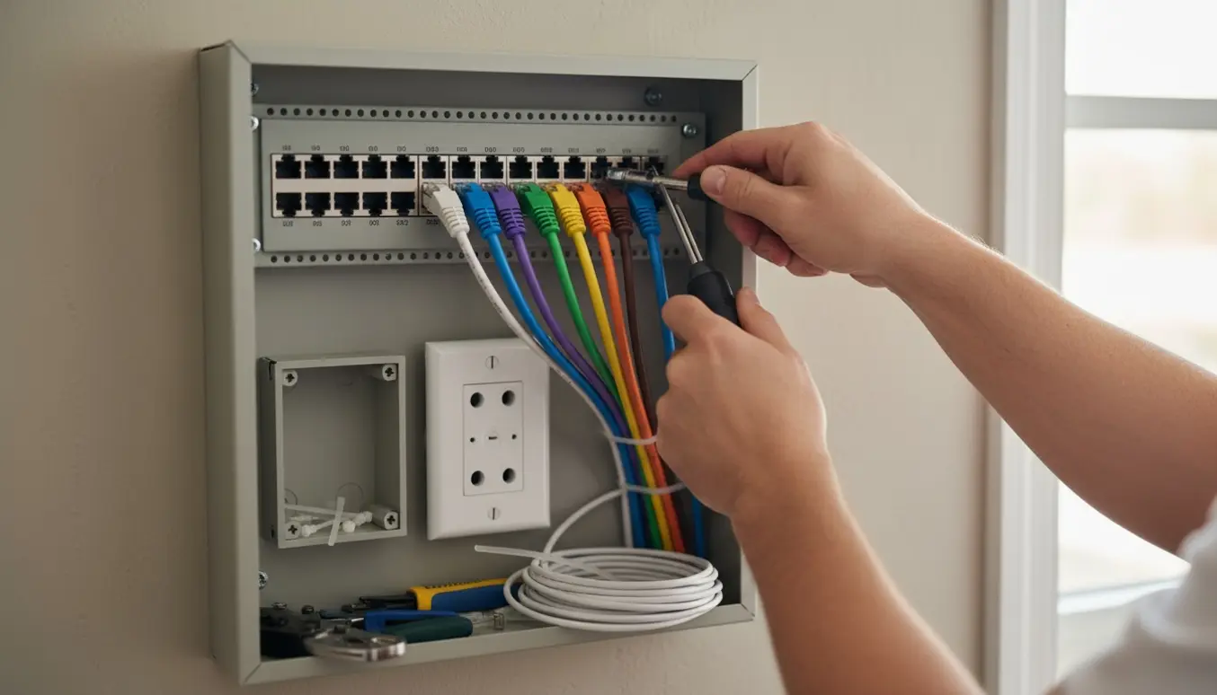 Hænder tilslutter ni farvede Ethernet-kabler i et vægmonteret krydsfelt i et ryddeligt teknikskab.