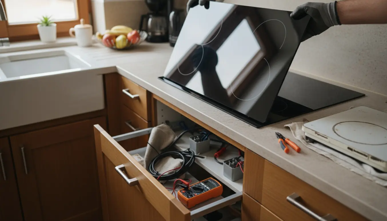 En tekniker sætter en ny 60 cm induktionskogeplade i og tilslutter kabler i det åbne skab under køkkenbordet.