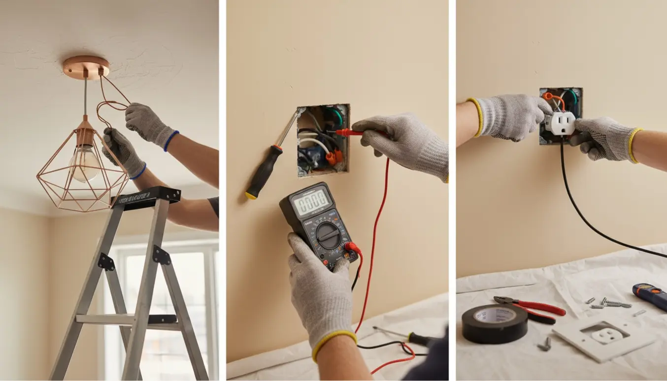 Hænder udfører tre små el‑opgaver: montering af lampe, test og reparation af stikkontakt samt udskiftning af en stikkontakt.
