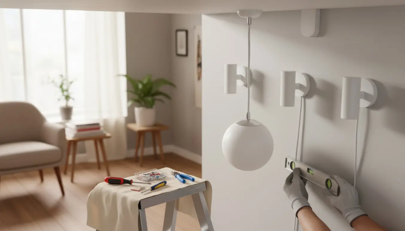 Hænder monterer tre væglamper og tre loftlamper med hvide ledningsskjulere fra en eksisterende udtag i et lyst rum.