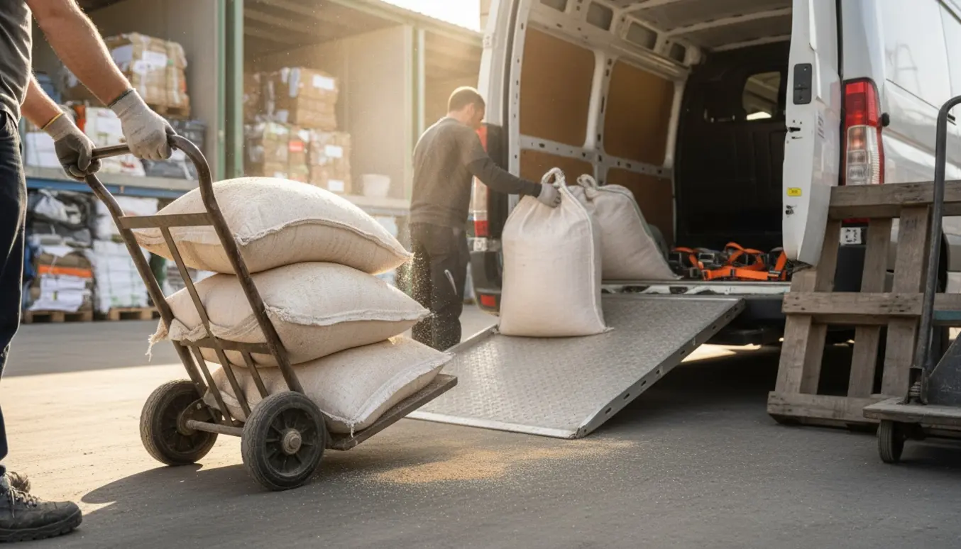 Tunge, bulende sække med træstøv læsses med trillebør og rampe ind i en varevogn ved en genbrugsplads.