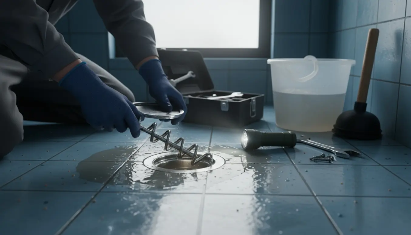 Hænder med handsker bruger en afløbsslange i et delvist tilstoppet badeværelsesgulv med stående vand.
