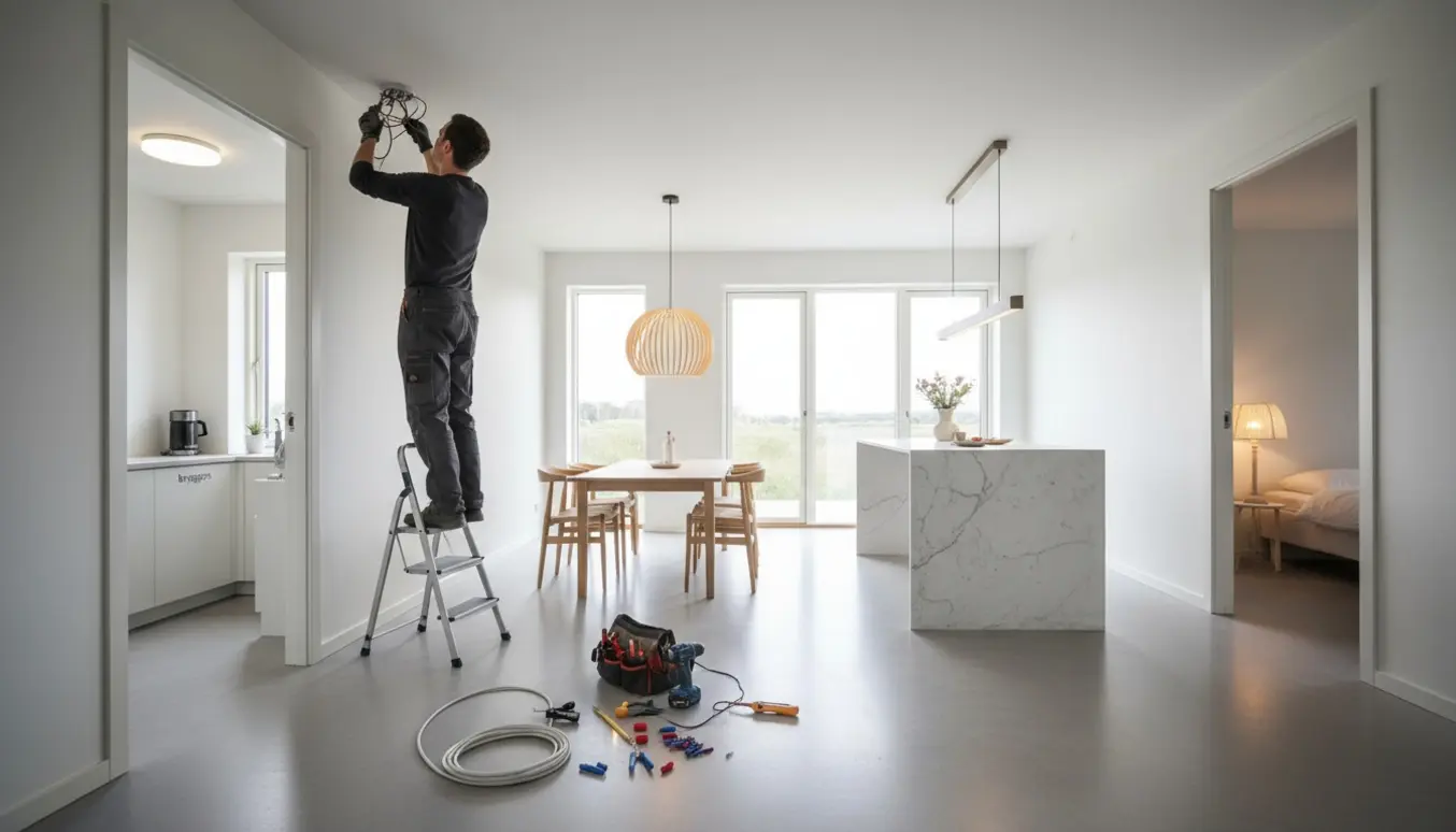 Elektriker monterer fire lamper i et moderne hjem med kabler og værktøj synligt.