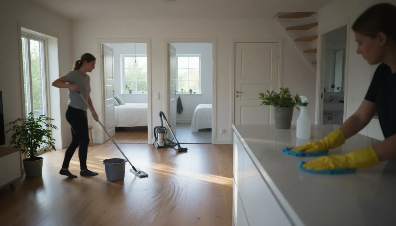 Person mopper trægulvet i en lys stue, køkken og gang er ryddet, og to døre øverst på trappen er lukkede.