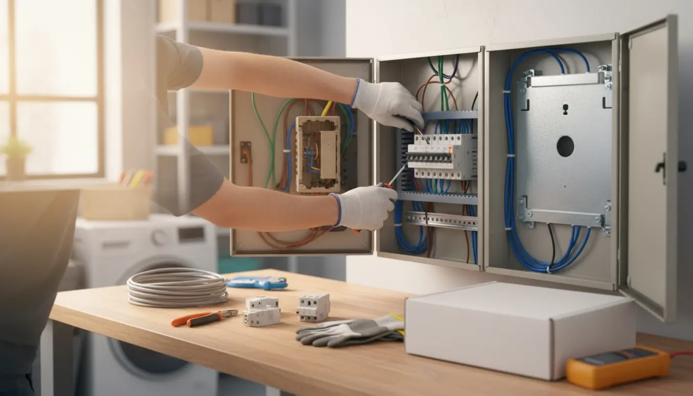 Nærbillede af elektrikers handskerede hænder, der monterer en ny eltavle og flytter bagpladen mellem to åbne skabe.