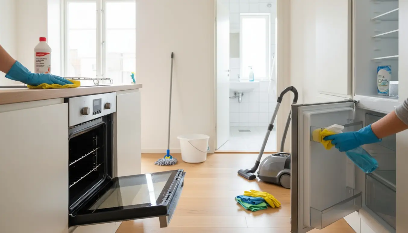 Flytterengøring i lys lejlighed med åben ovn og køleskab, moppe, støvsuger og rengøringsmidler.