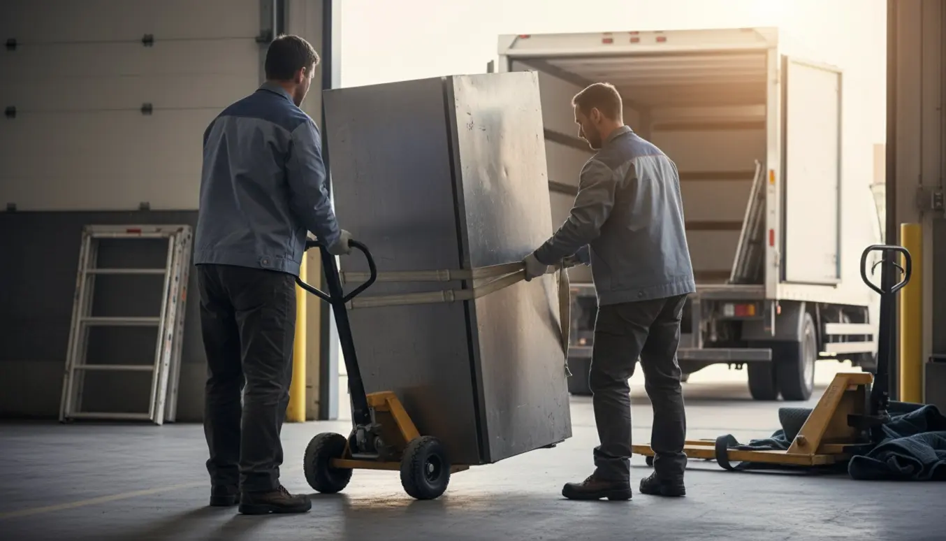 To mænd læsser et slidt industrikøleskab på en varevogn ved en læsserampe, iført arbejdstøj og sikkerhedsudstyr.