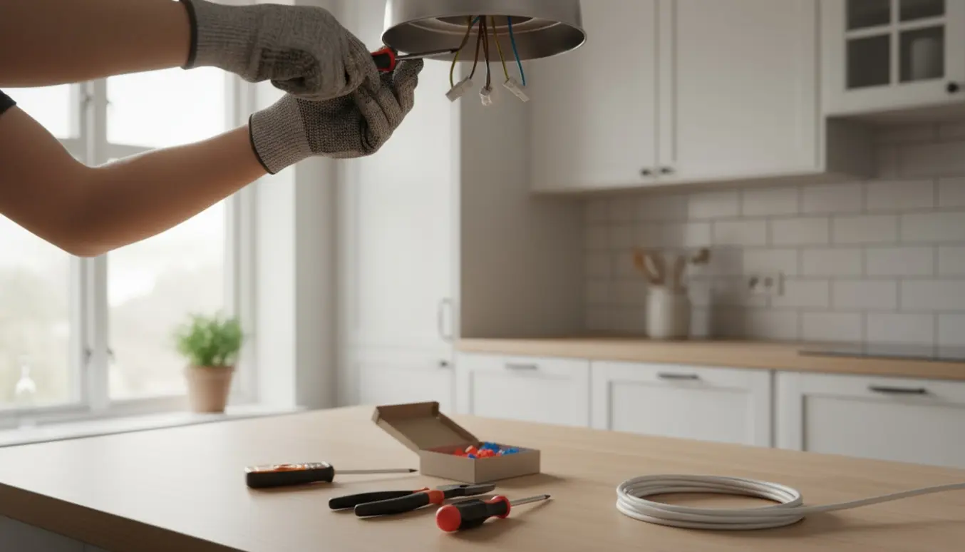 Loftlampe monteres i et lyst, moderne køkken med værktøj på bordet.