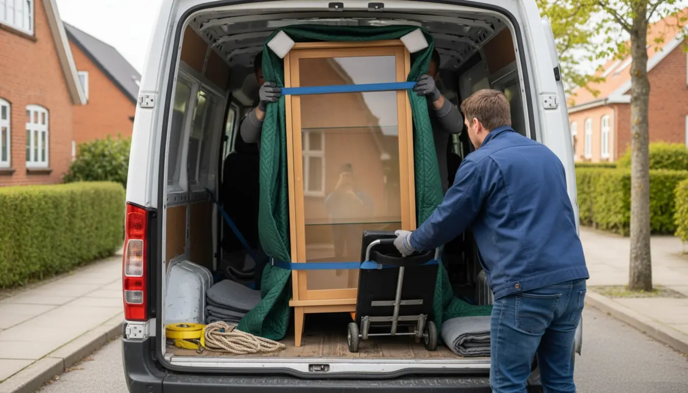 Vitrineskab bliver forsigtigt læsset på en varevogn af to personer på en stille dansk villavej.