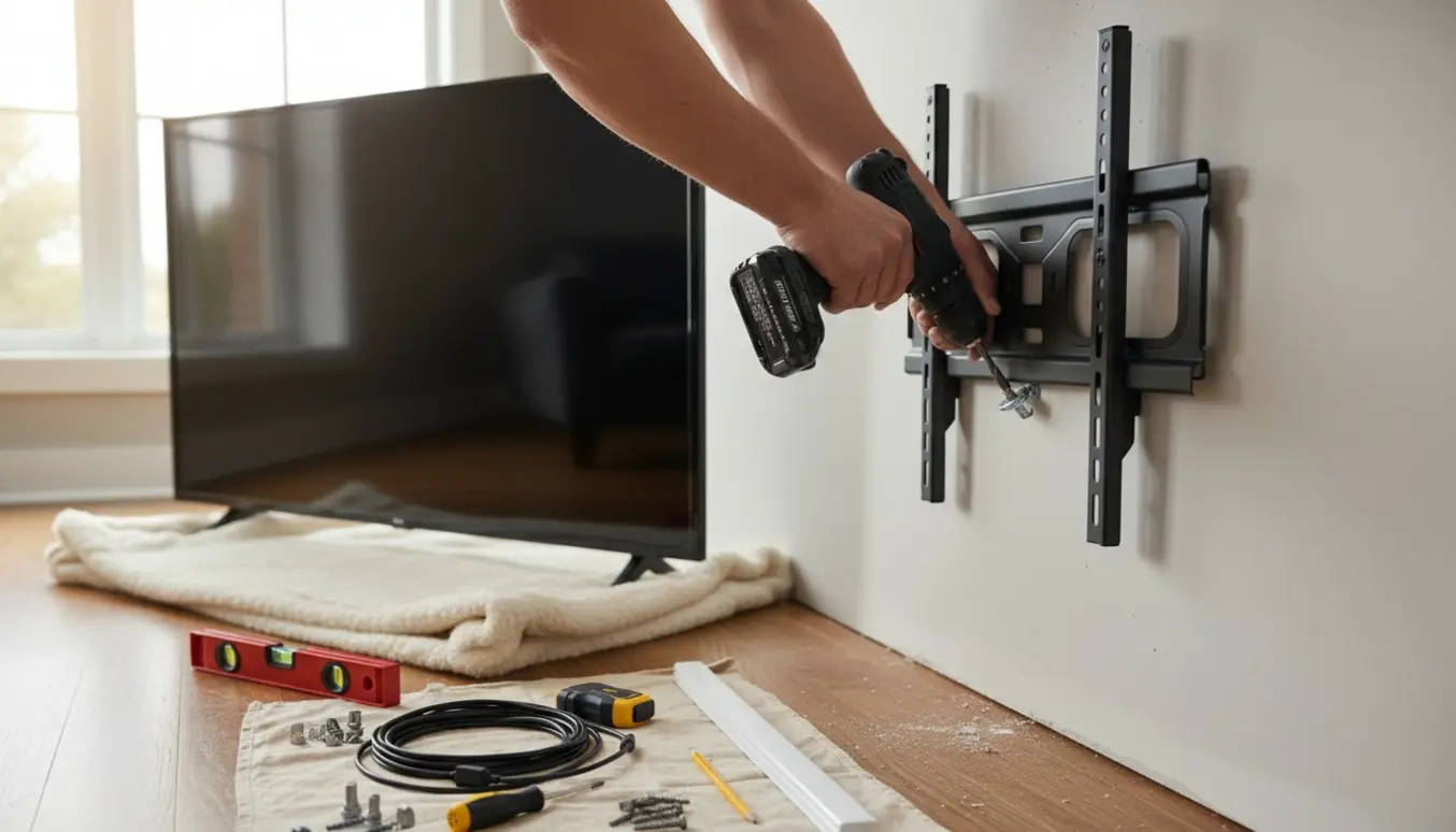 Hænder monterer et nyt tv-ophæng på en væg i en stue med værktøj og kabler ved siden af.