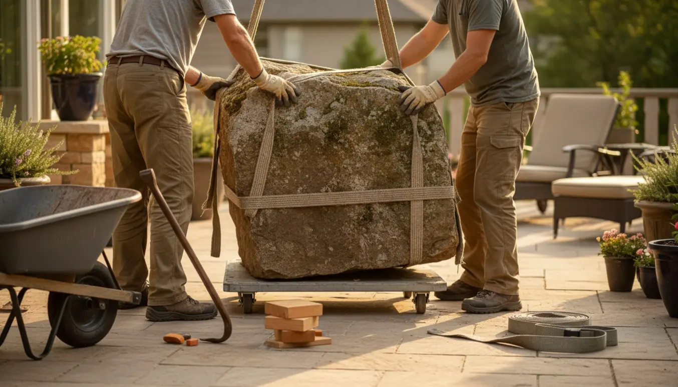 Stor kampesten på terrassen løftes med løftestropper, dolly og træklodser.