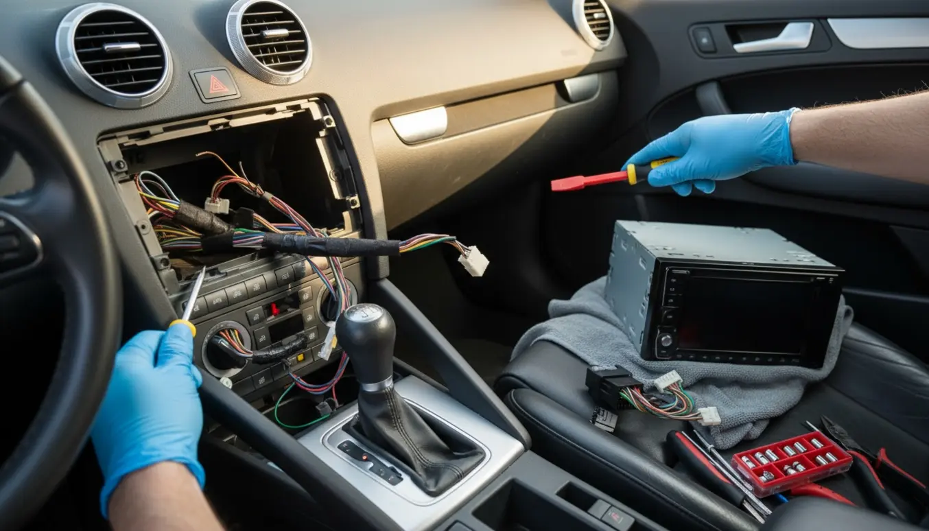 Nærbillede af installation af ny bilradio i en Audi A3 8P med åben midterkonsol, synlige kabler og værktøj.