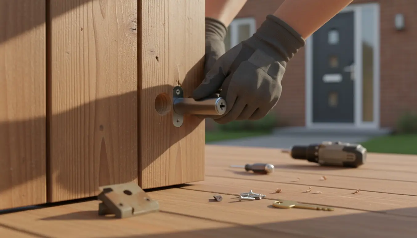 Nærbillede af montering af en ny cylinderlås i en træ-havelåge med den matchende husnøgle og huset sløret i baggrunden.