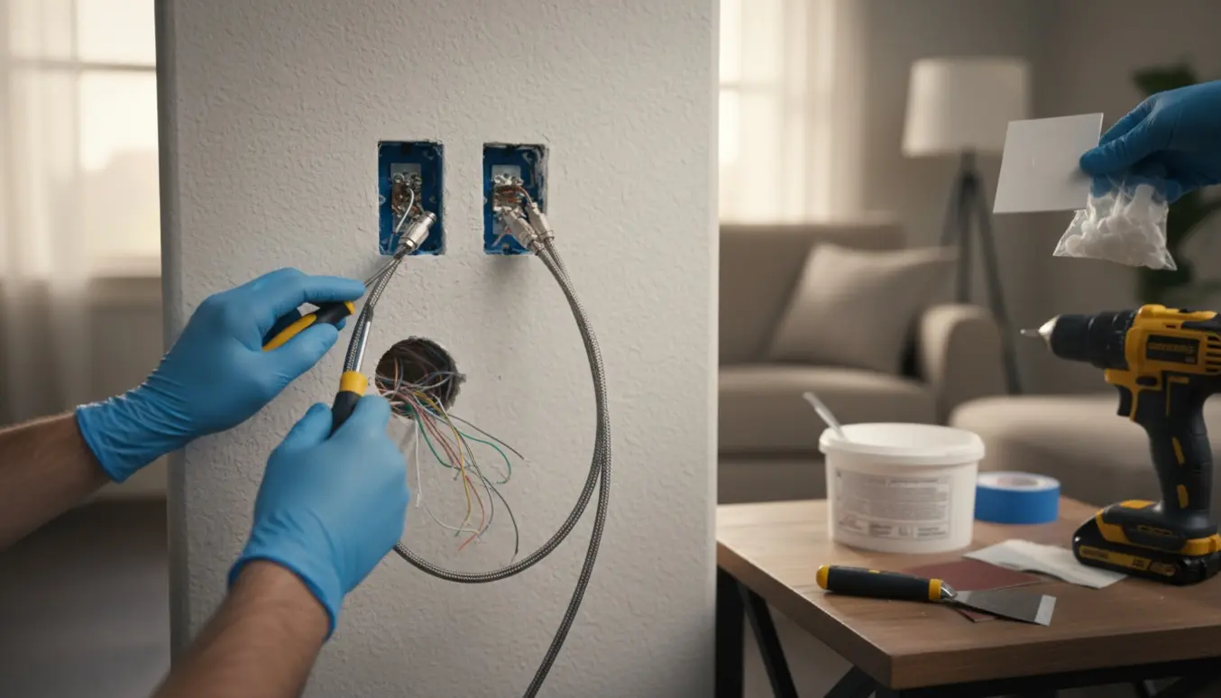 Hænder fjerner to stikkontakter, antennestik og et telefonstik fra en lejlighedsvæg klar til at blive lukket af.