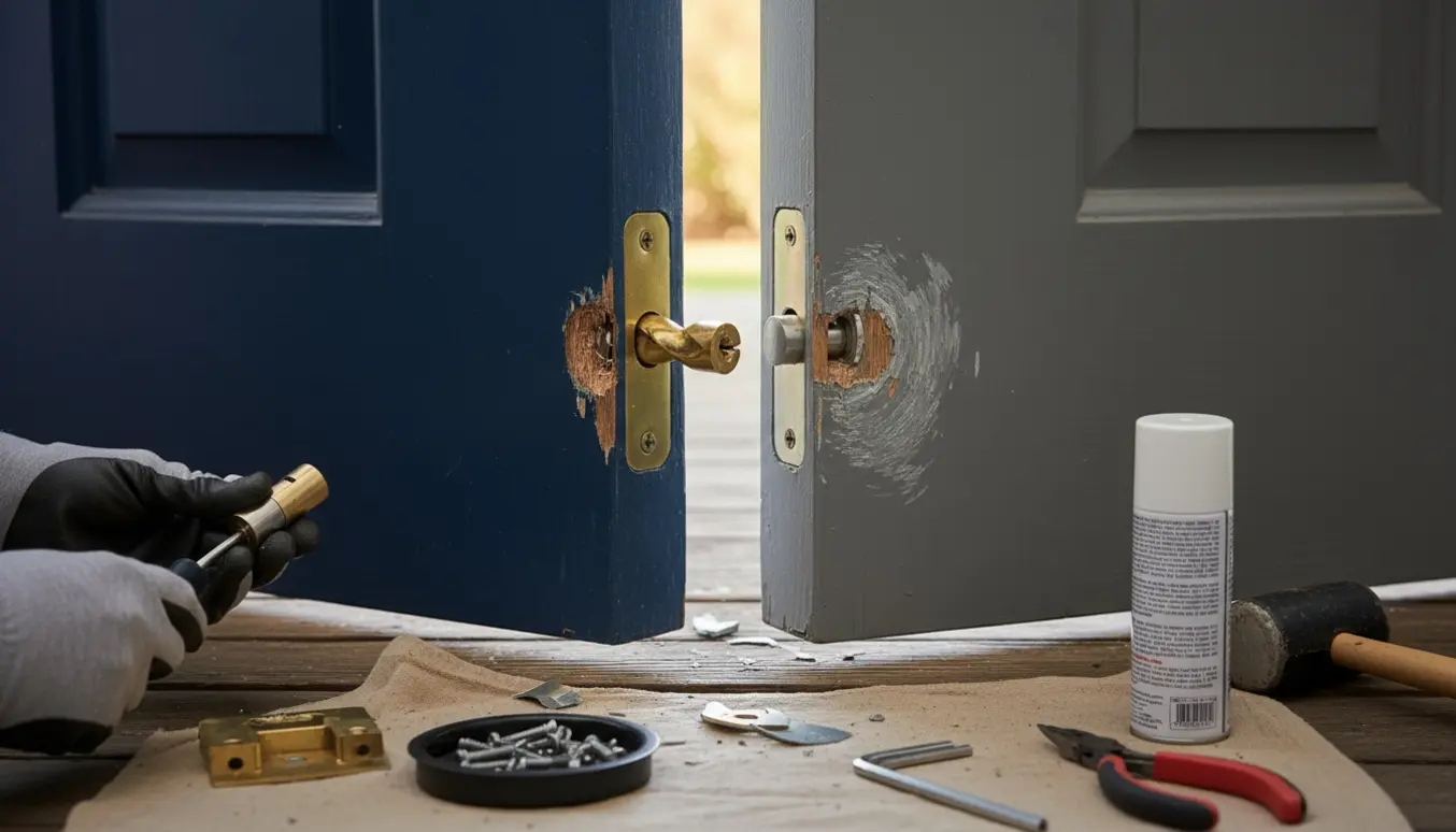 Nærbillede af to hoveddøre med defekt 3-punktslås og låseværktøj ved siden af.