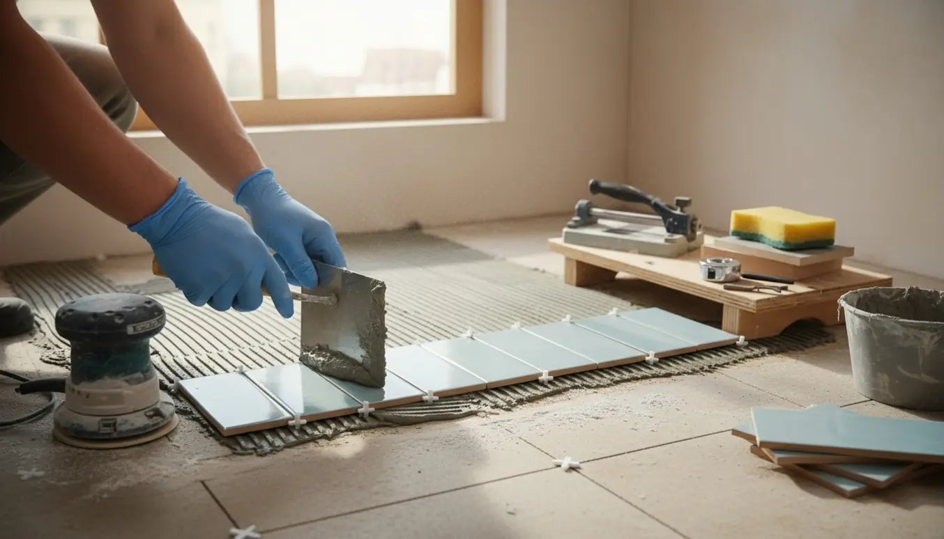 Nærbillede af murers arbejde med at slibe eksisterende fliser og lægge nye fliser ovenpå i et lille, solbelyst rum.