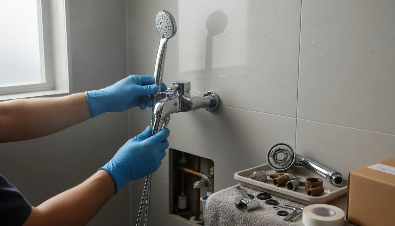 Hænder udskifter et nyt krom brusersæt og blandingsbatteri på en flisevæg i badeværelset.
