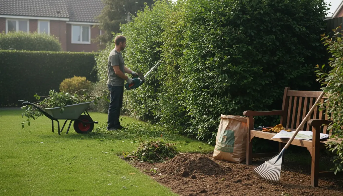 Havearbejde med beskæring af hæk og fjernelse af ukrudt med redskaber og afklip i trillebør i morgensol.