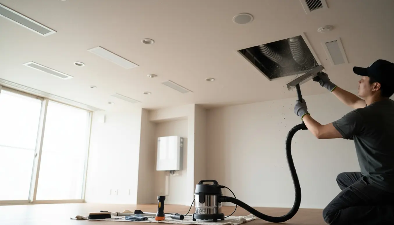 En tekniker renser loftventiler og åbne ventilationskanaler i et lyst hjem, med værktøj og en varmeunit i baggrunden.