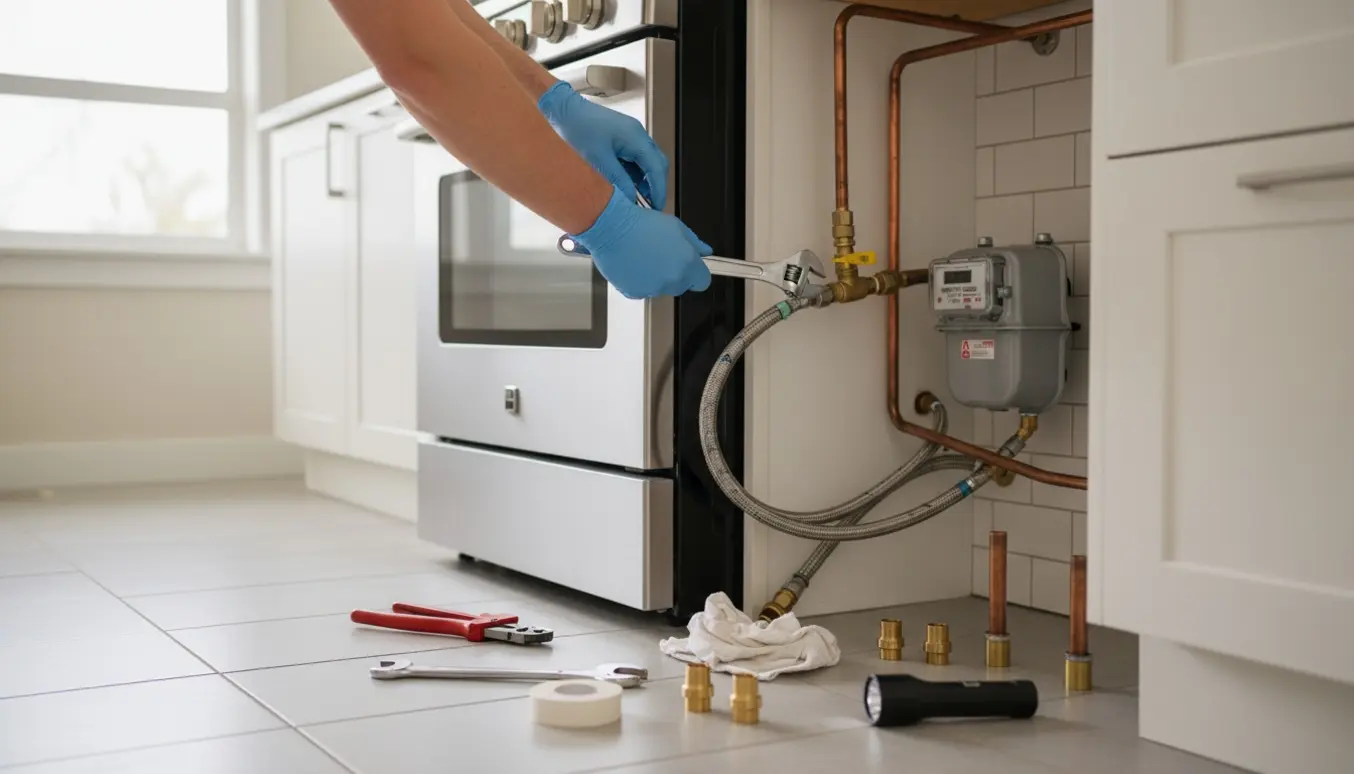Tekniker trækker et gaskomfur ud og arbejder med kobberrør og afspærringsventil i et lyst køkken.