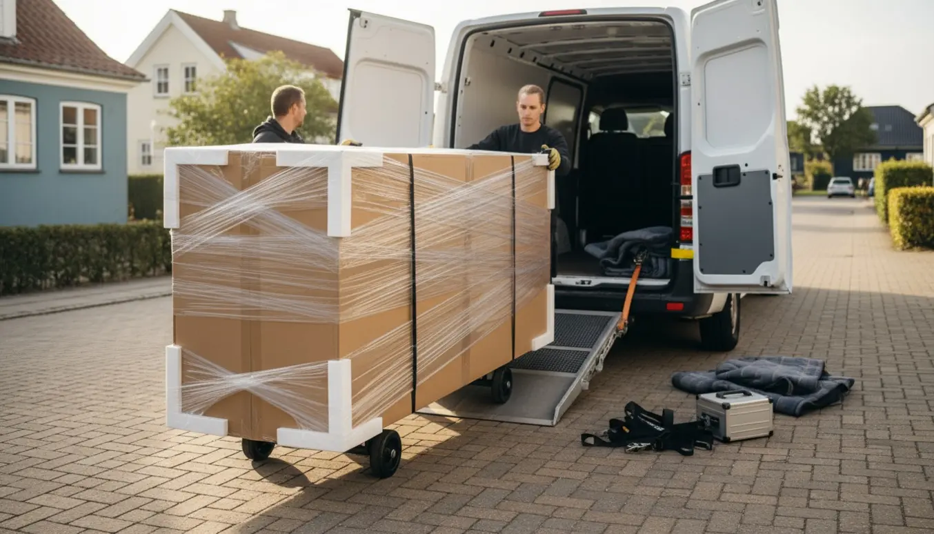 Et stort indpakket bord læsses ind i en stor varebil på en stille dansk villavej.