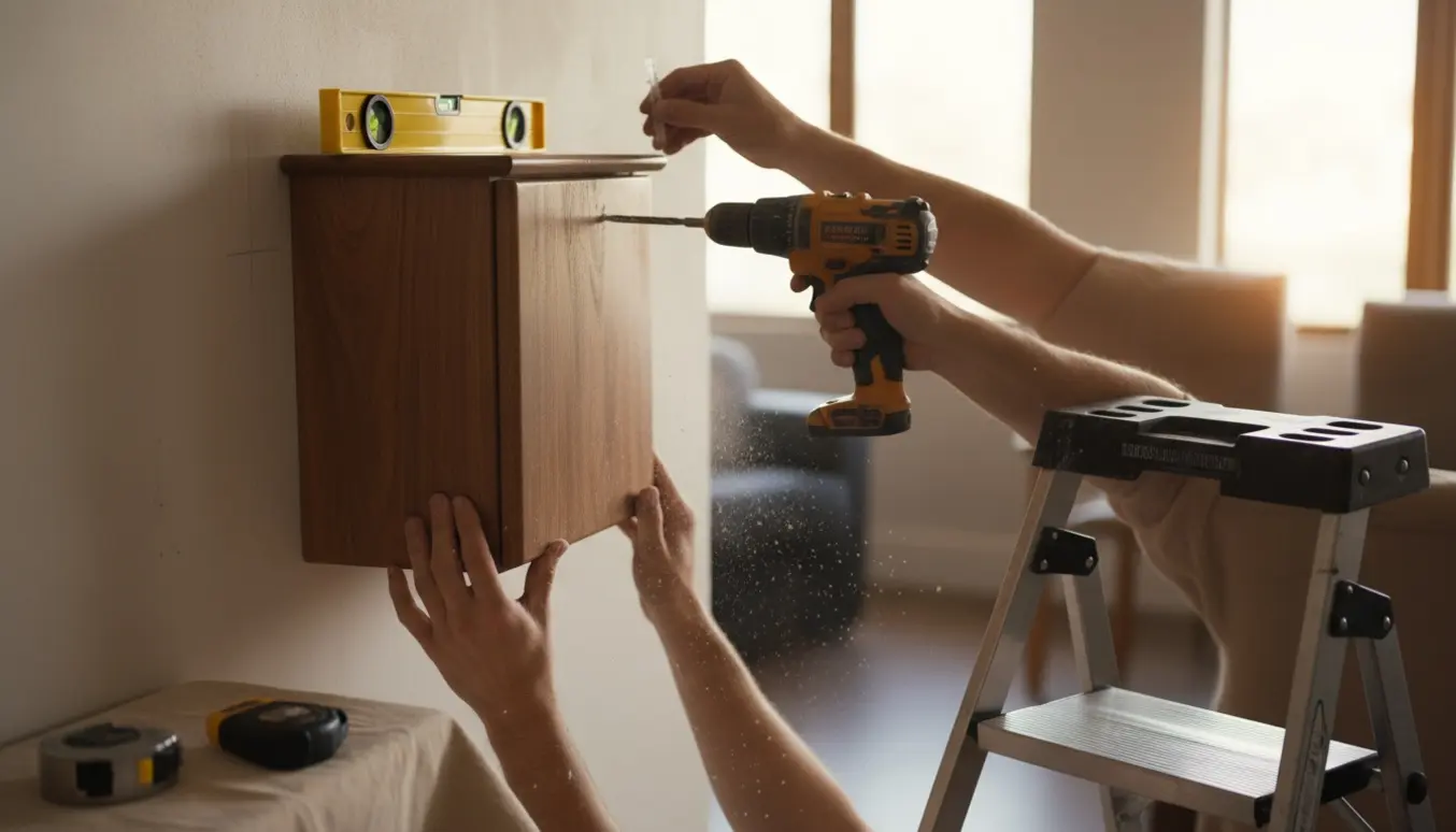 Hænder holder et vægskab, mens et bor laver hul i væggen, med værktøj og måleværktøj ved siden af.