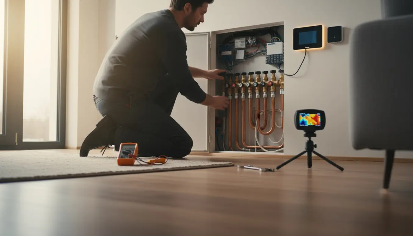 Tekniker undersøger gulvvarmens fordelerskab med værktøj og termisk kamera i en stue.