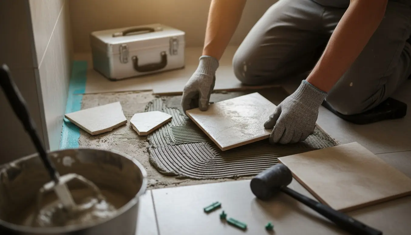 Hænder placerer en ny gulvflise i bunden af en bruseniche med synlig vådrumssikring og byggematerialer omkring.