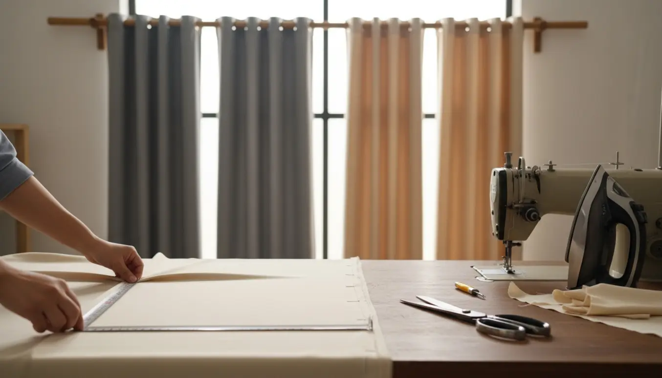 Nærbillede af hænder, der måler og lægger polyestergardiner op i et lyst værksted.