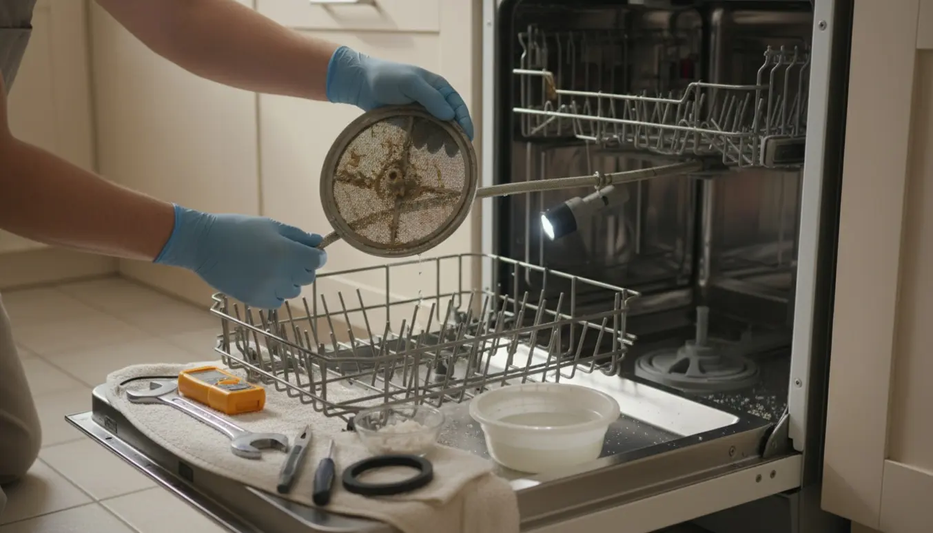 En tekniker undersøger en åben opvaskemaskine med fjernet filter, værktøj og en løs vandtilførselslange.