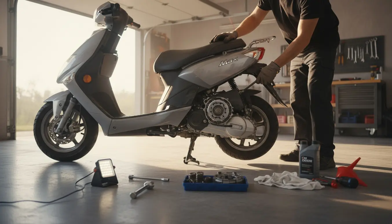 Knallert med åben motor, hvor hænder skifter kobling i en lys garage.