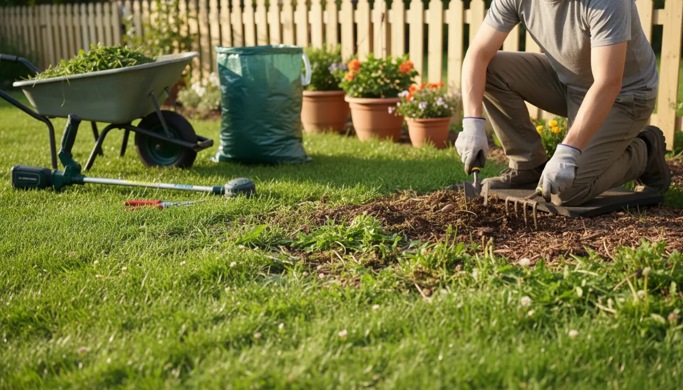 Nærbillede af hænder og haveredskaber, der fjerner ukrudt og klipper en græsplæne, så haven ser pæn og ryddelig ud.