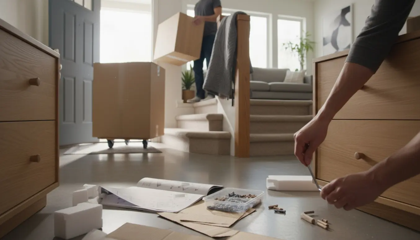 Nærsfoto af hænder, der samler en kommode, mens en indpakket kommode bæres ind og op ad seks trappetrin.