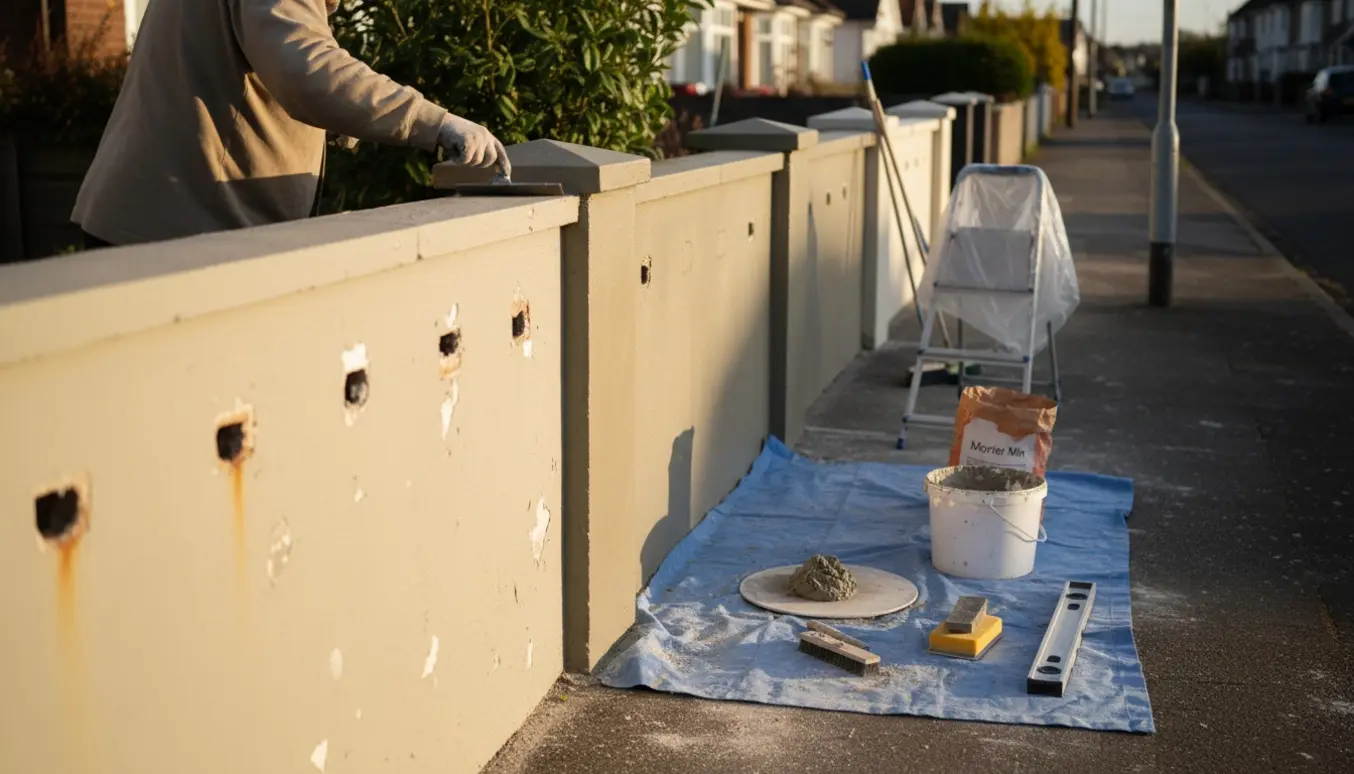 Håndværker glatter ny puds på toppen og siden af en lysgrå malet havemur ved vejen.