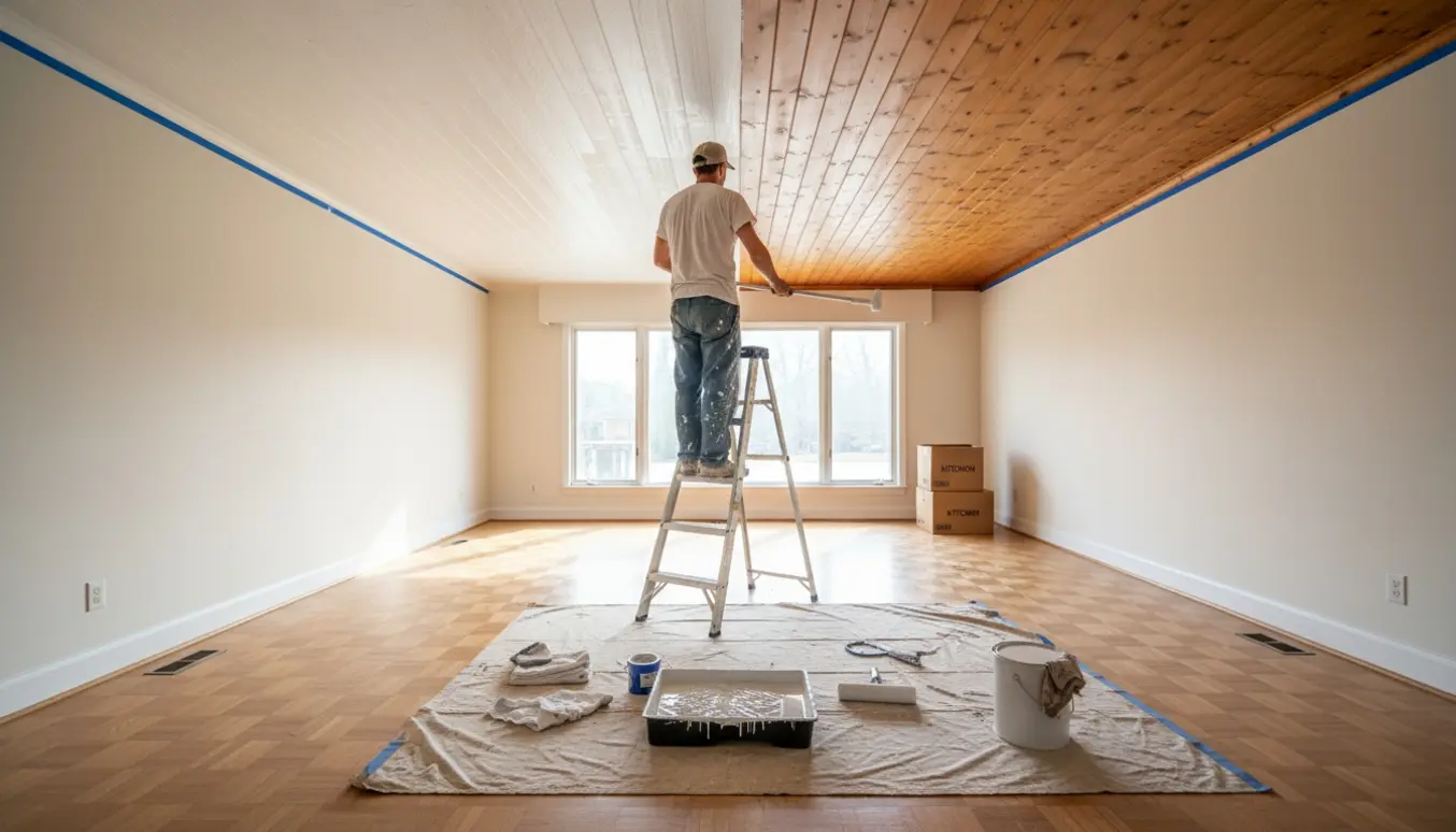 Næsten tomt parcelhusinteriør hvor en maler ruller hvid maling på et pigmenteret profiltræloft.