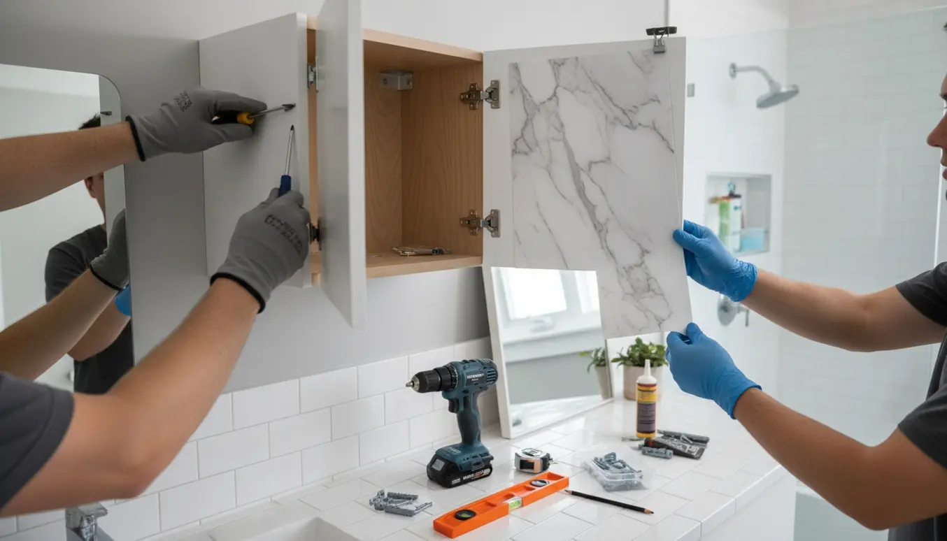Hænder monterer et væghængt skab og tilpasser faux marmor med spejl og værktøj ved siden af.