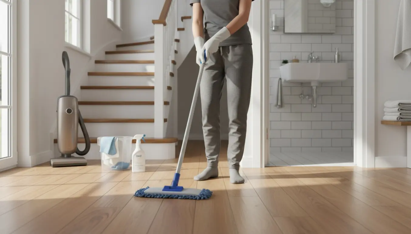 Hænder i handsker moppe gulvet i en lys gang med støvsuger og åbent, rent badeværelse i baggrunden.