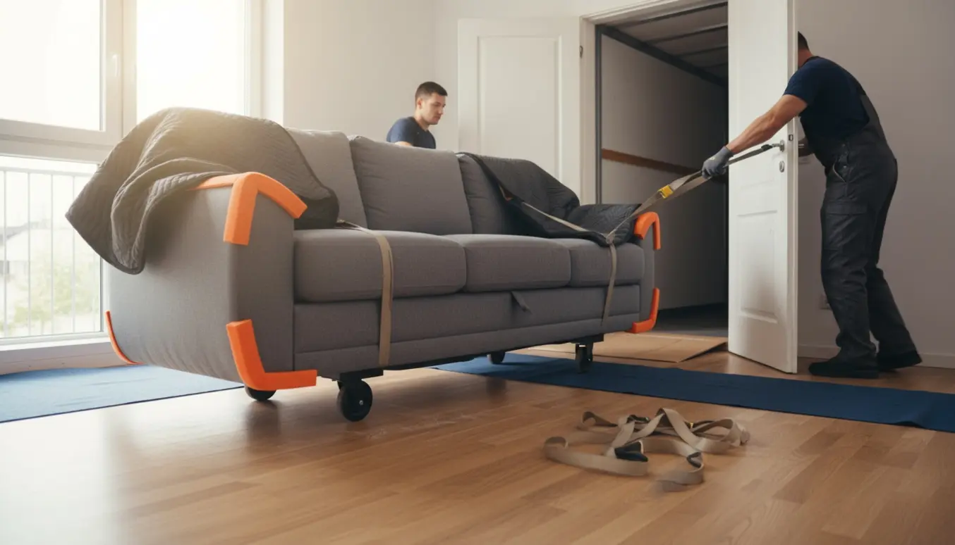 En stor trepersoners sofa pakket i flyttetæpper bæres gennem en døråbning af flyttere med ansigterne uden for billedet.
