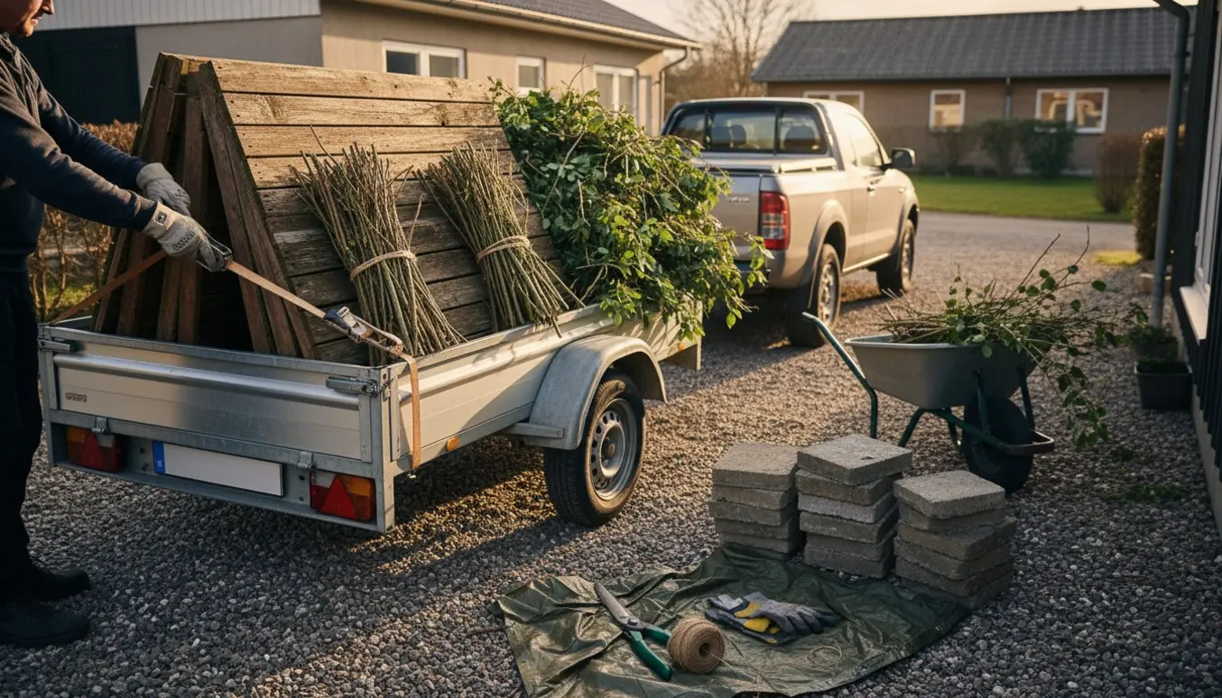 Trailer lastet med nedtaget raftehegn, grenaffald og en stak gamle fliser ved en indkørsel, mens arbejdshænder spænder læsset fast.