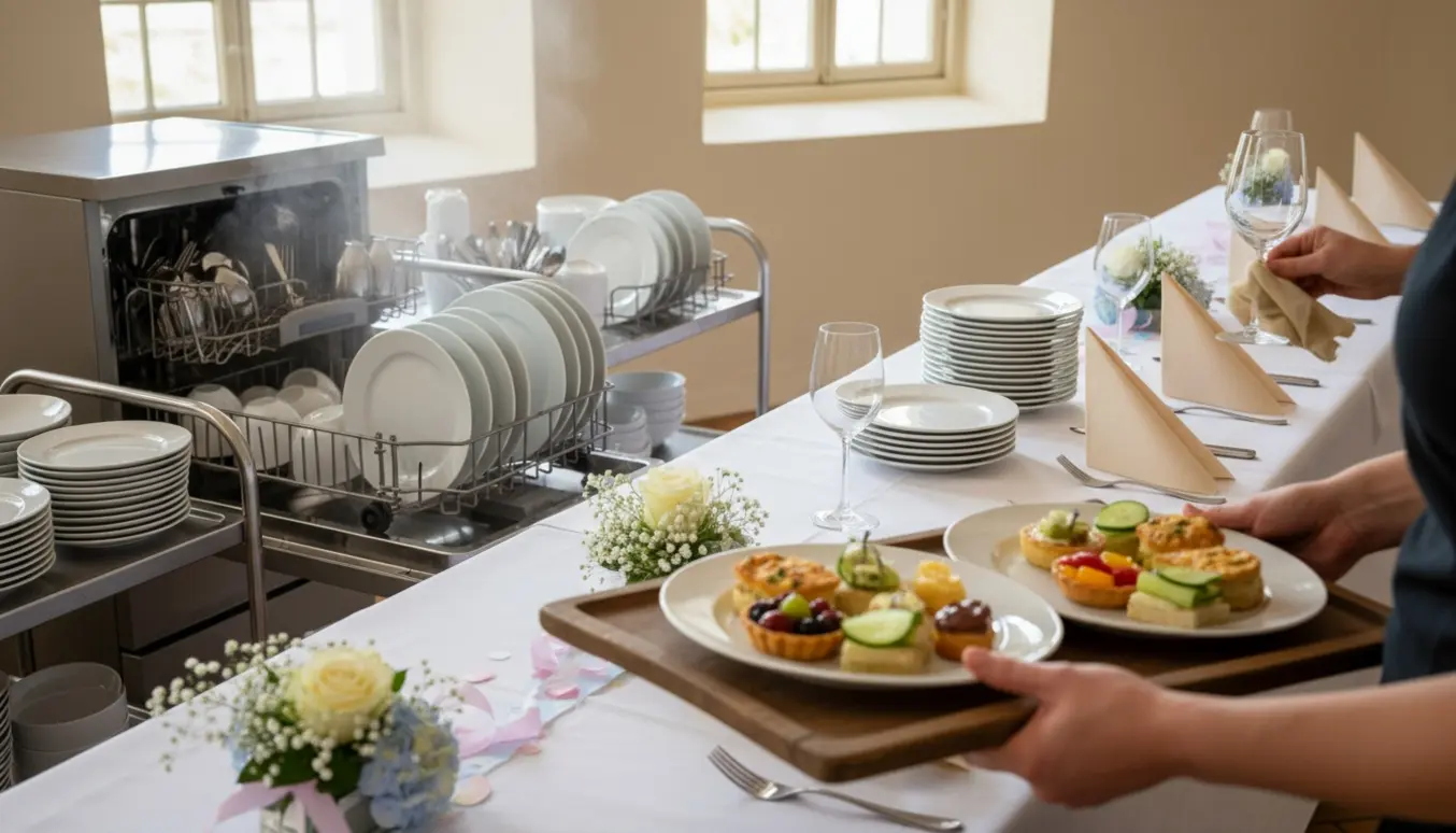 Servering og afrydning ved en konfirmationsreception med hænder, bakker, opvaskemaskine og dækkede borde i dagslys.
