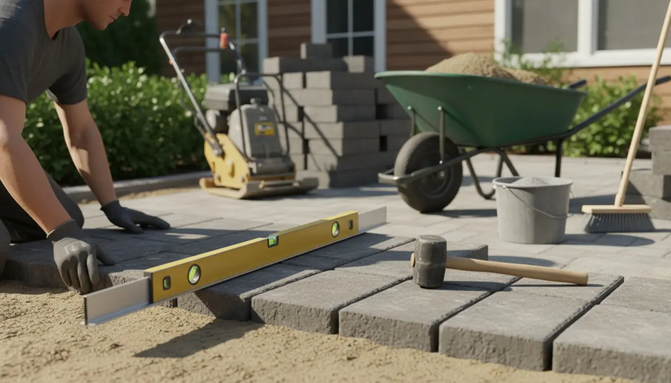 Hænder nivellerer sand og lægger fliser på en solbeskinnet baghavesti med værktøj og bunker af fliser.