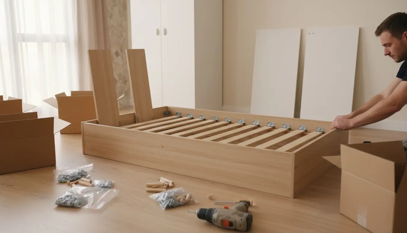 Delvist samlet børneseng og fladpakket garderobe og skoreol med værktøj i et lyst børneværelse.