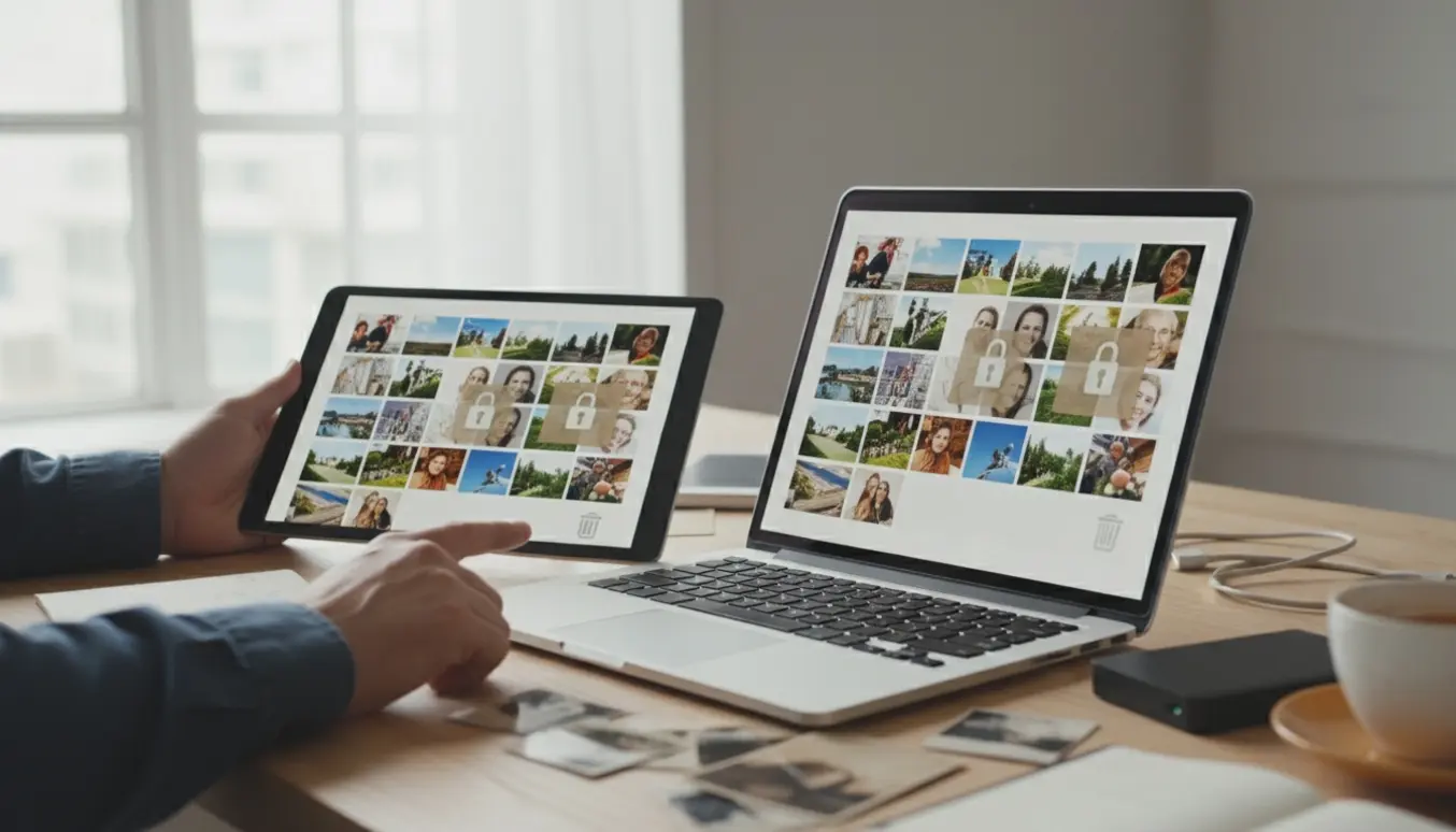 Laptop og tablet viser fotogalleri med nogle billeder nedtonede og låseikoner, mens hænder når mod en inaktiv sletteknap.