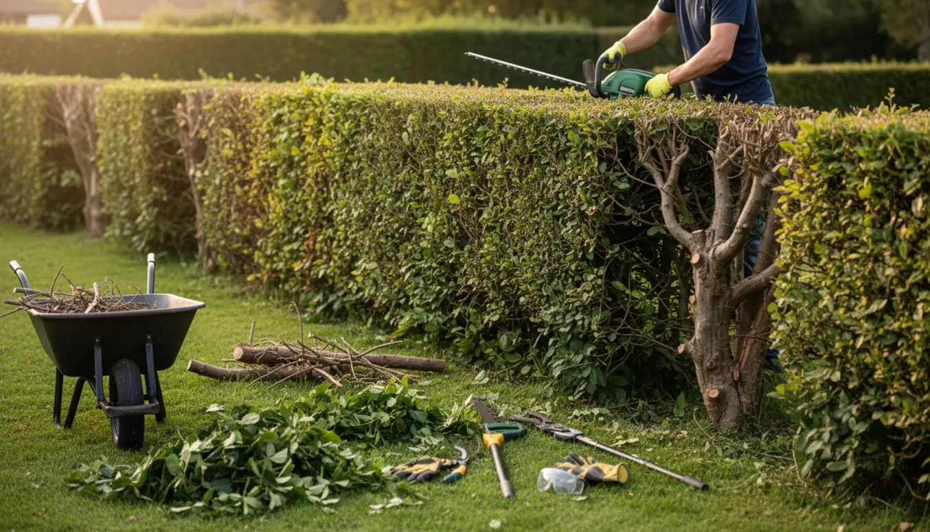 Lang, moden hæk med nyligt klippet top og sider, bunker af afklip og hækklippeværktøj i forgrunden.