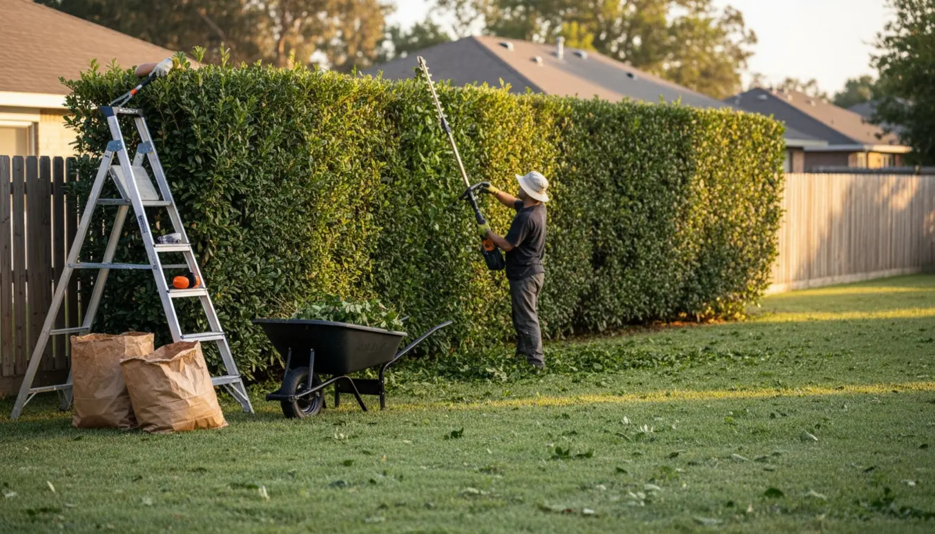 Lang havehæk, hvor en høj sektion klippes ned med en langskaftet hækkeklipper og friske afklip ligger i en trillebør.
