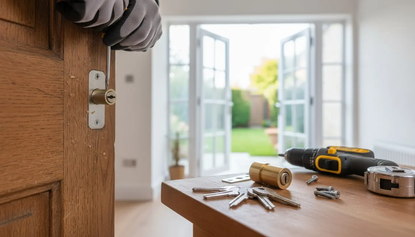 Hænder installerer en ny låsecylinder i en yderdør med fire nøgler og værktøj på et bord.
