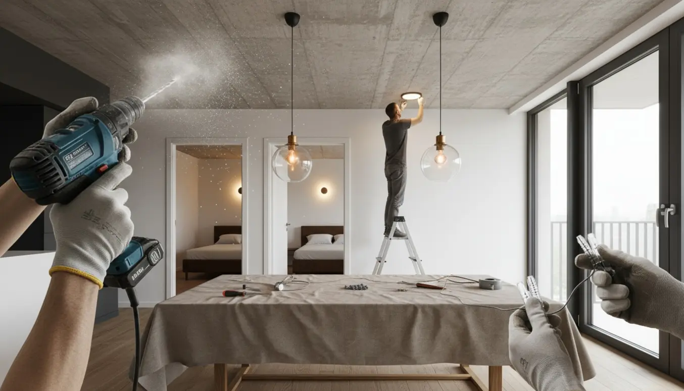 Håndværker på stige monterer lampe i betonloft over spisebord, med to andre lamper synlige i baggrunden.