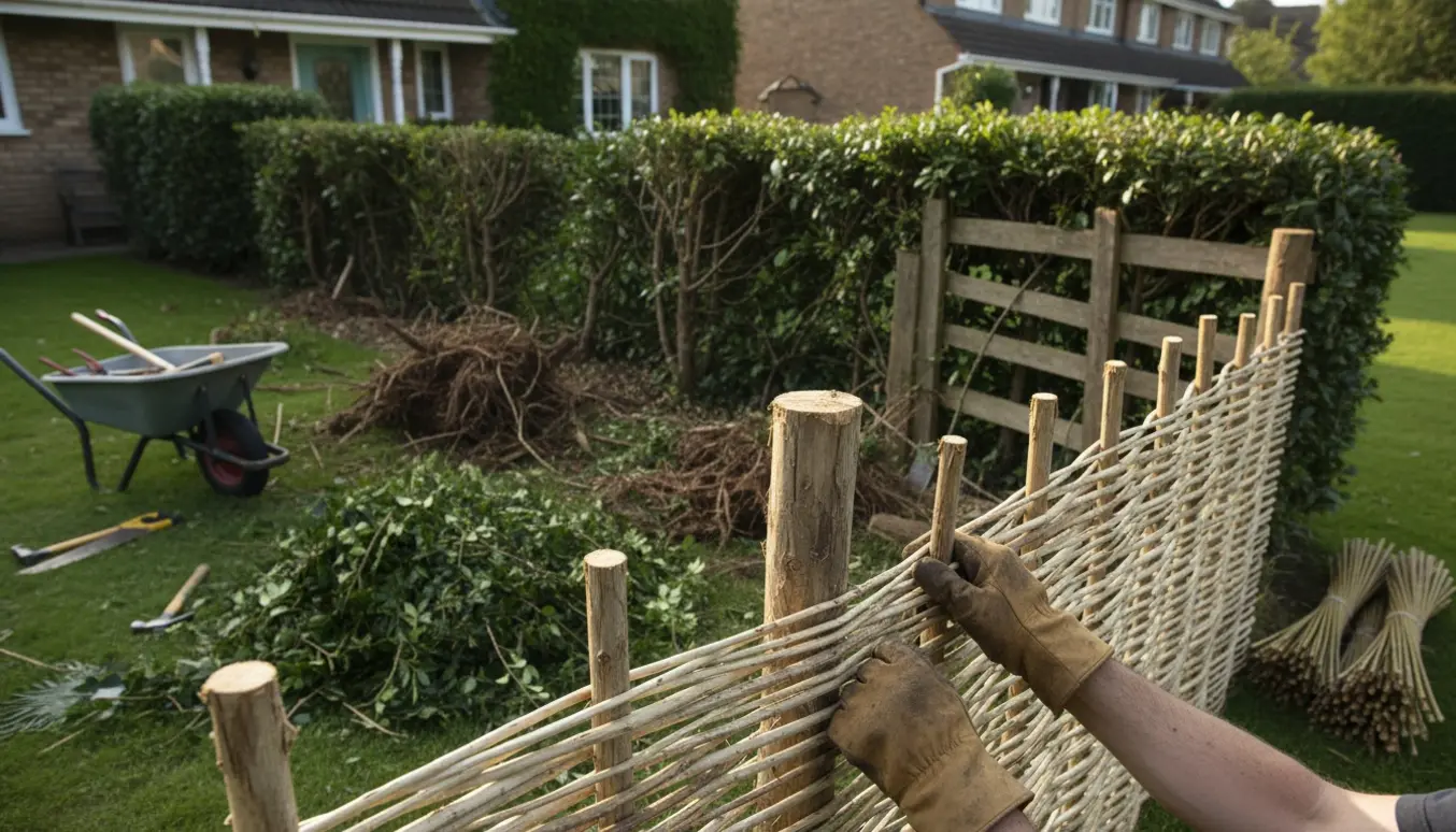 Hænder opsætter pileflet på stolper foran en afkortet ligusterhæk i en forstadshave.