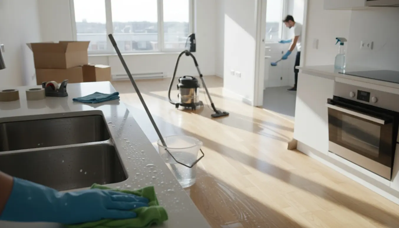 Lys lejlighed under flytterengøring med handsker, der pudser køkkenvask og støvsuger gulvet.